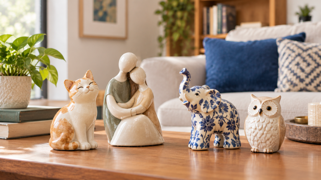 Ceramic figurines grouped on a wooden living room table