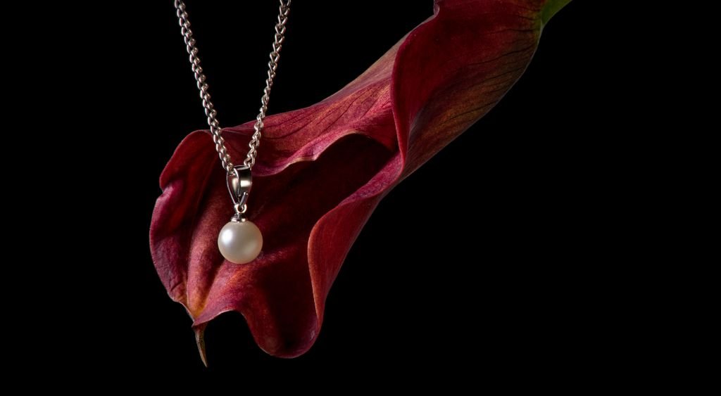 Pearl pendant necklace resting on a red petal