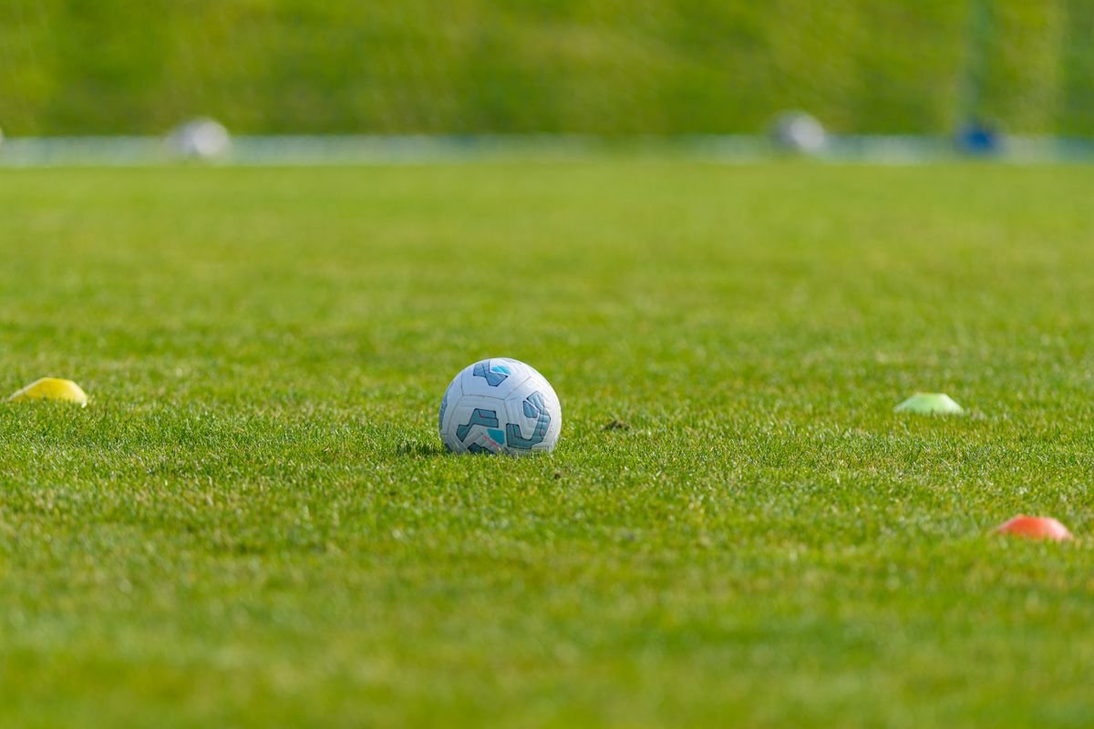Soccer ball on a training pitch with cones
